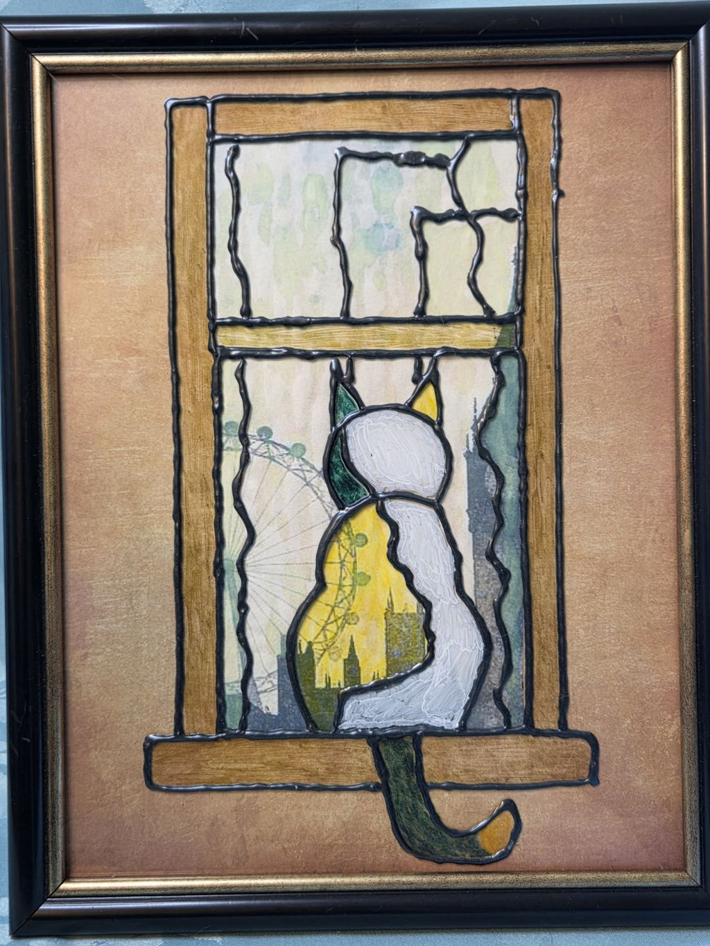 Cat at the Window — Original Glass-Painted Framed Artwork