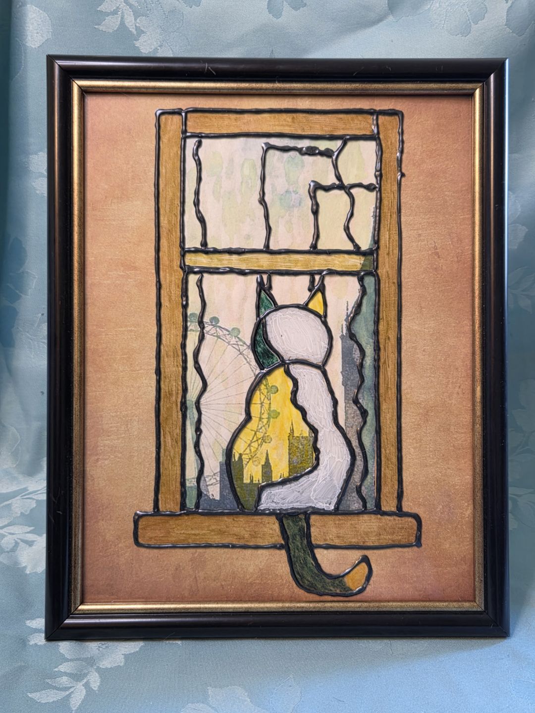 Cat at the Window — Original Glass-Painted Framed Artwork