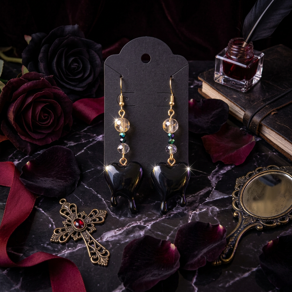 Bleeding Black Heart Crystal Bead Earrings