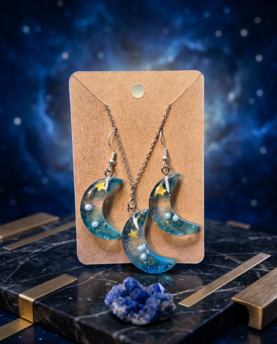 Galaxy Moon Resin Earring & Necklace Set