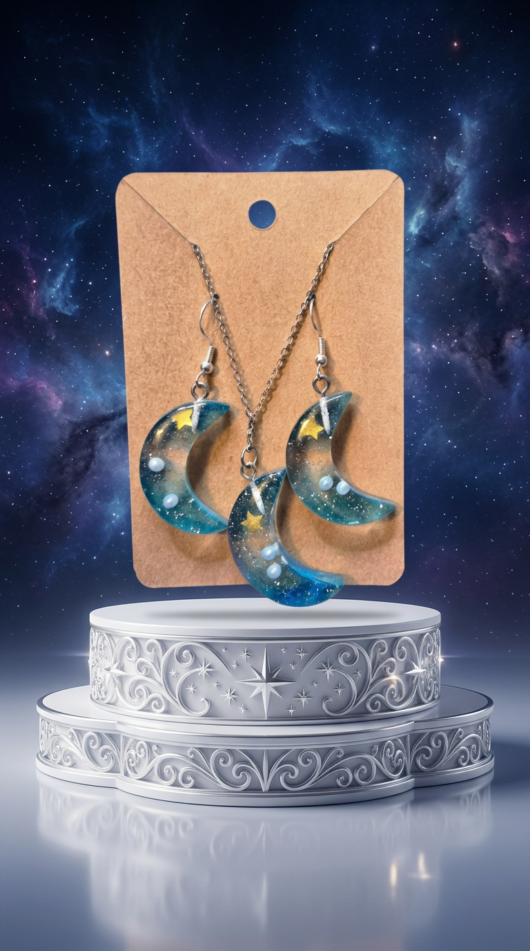 Galaxy Moon Resin Earring & Necklace Set
