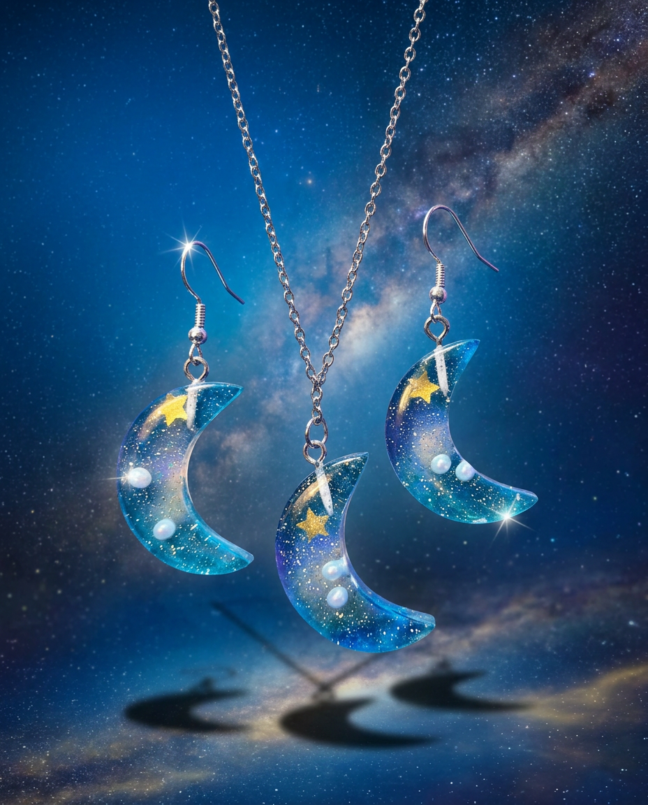 Galaxy Moon Resin Earring & Necklace Set