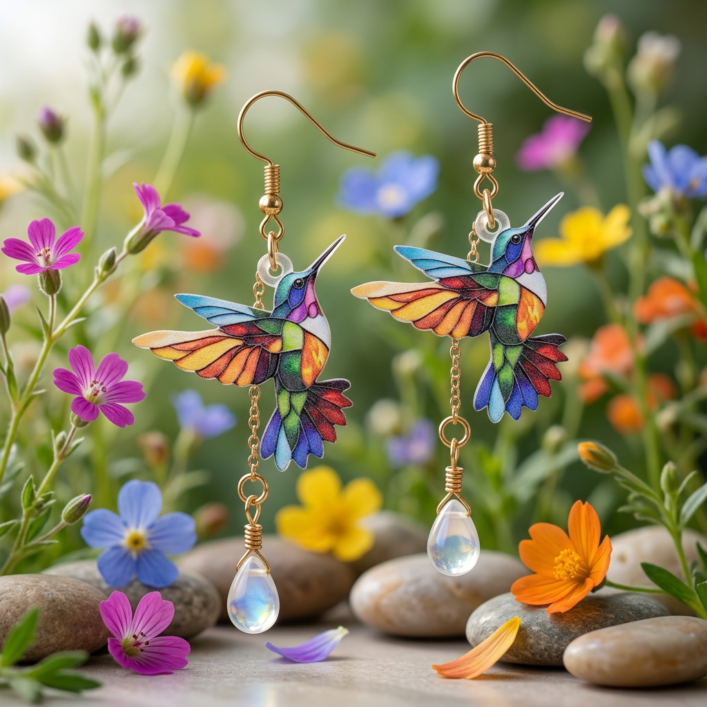Stained Glass Hummingbird Dangle Earrings