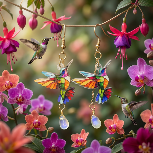 Stained Glass Hummingbird Dangle Earrings
