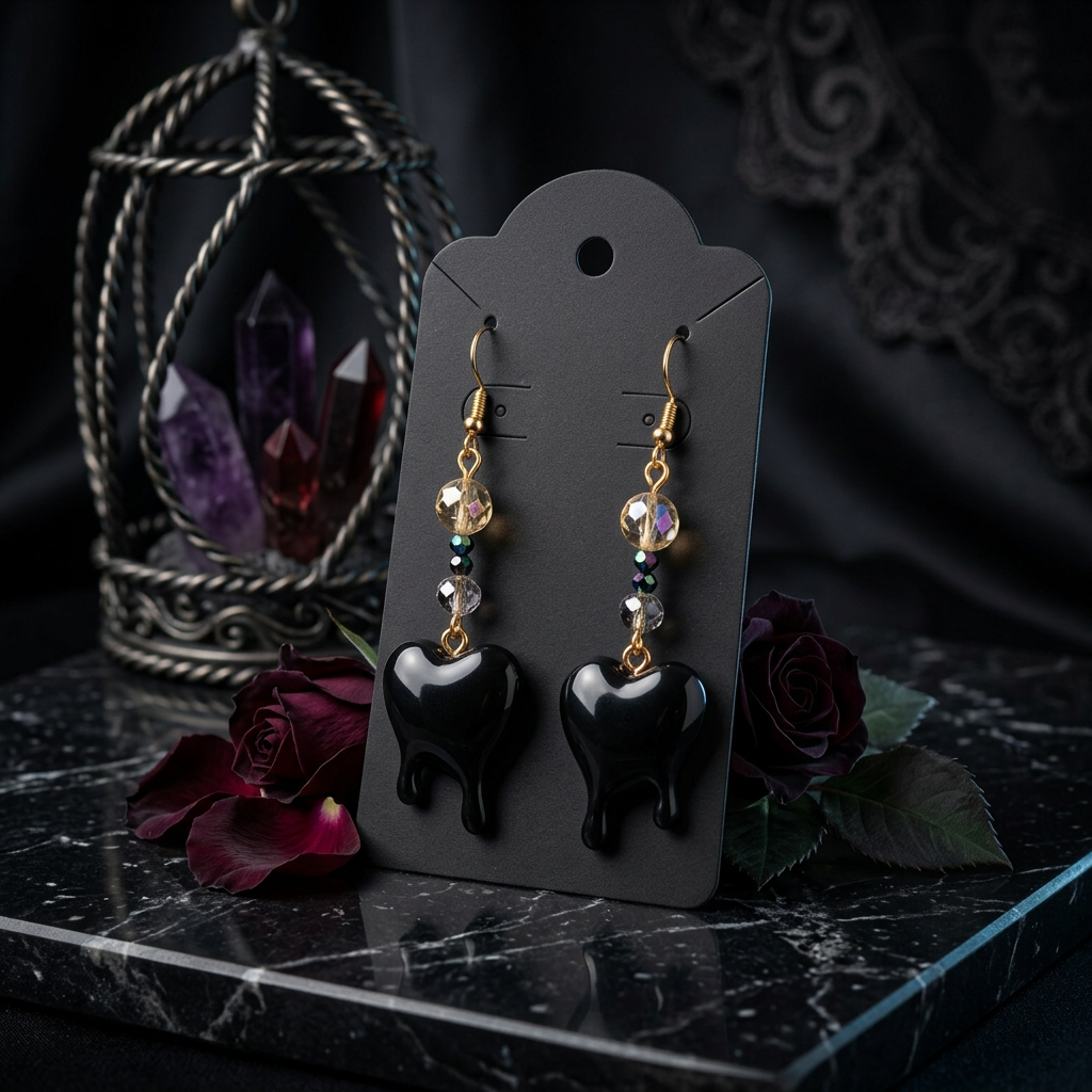 Bleeding Black Heart Crystal Bead Earrings