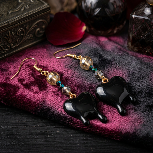 Bleeding Black Heart Crystal Bead Earrings