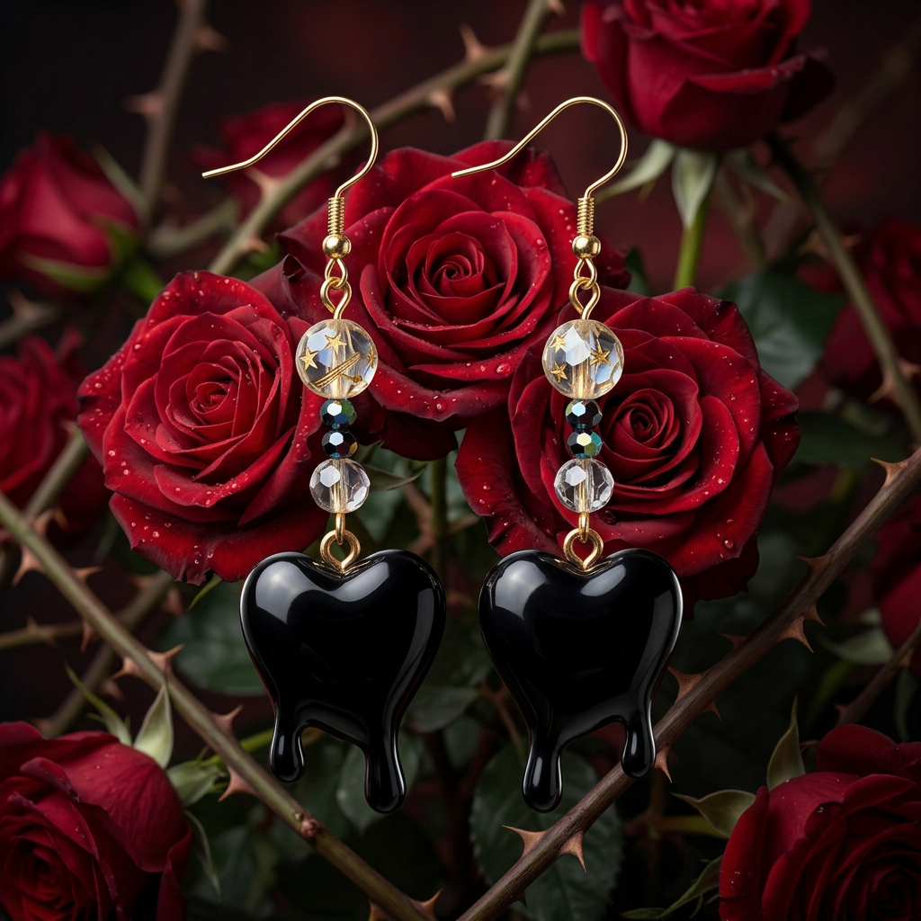 Bleeding Black Heart Crystal Bead Earrings