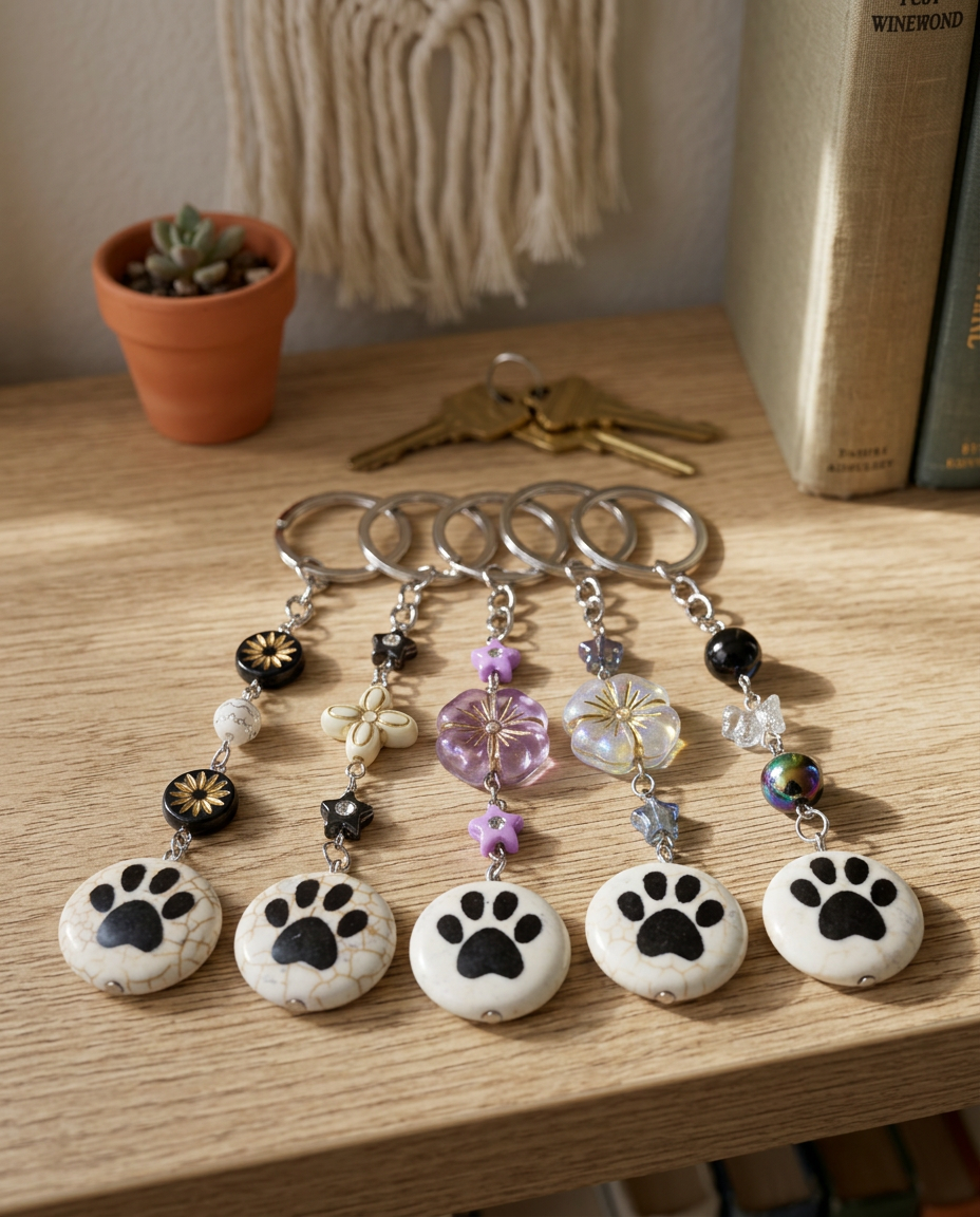 Paw Print Beaded Keychain - Pet Lover Charm & Keyring