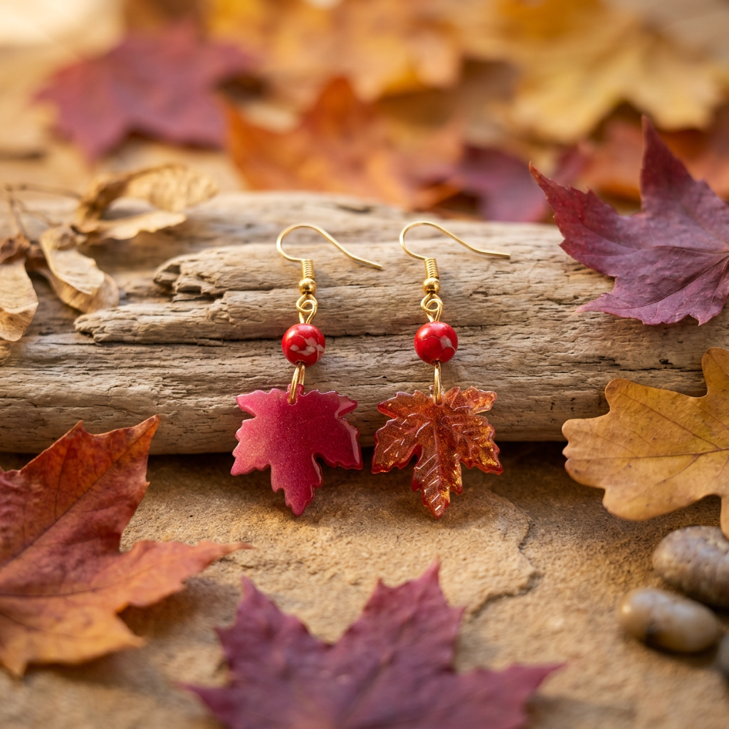 Autumn Maple Leaf & Red Agate Bead Earrings