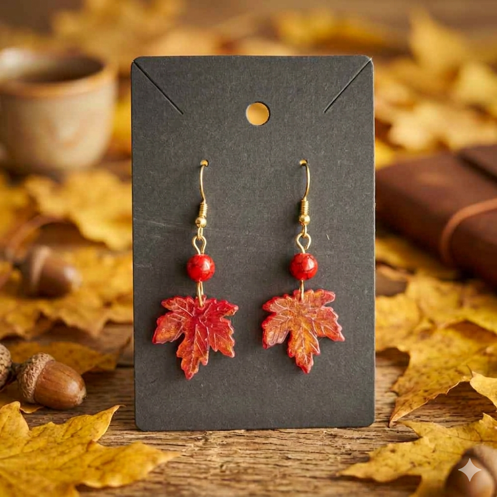 Autumn Maple Leaf & Red Agate Bead Earrings