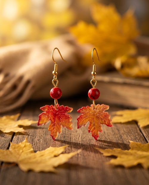 Autumn Maple Leaf & Red Agate Bead Earrings