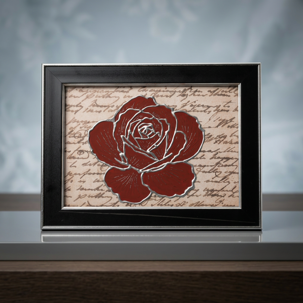 Red Rose Framed Painting – Acrylic on Glass with Vintage Script Background