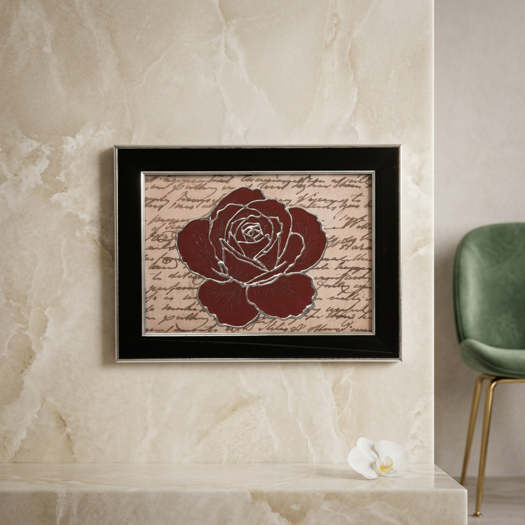 Red Rose Framed Painting – Acrylic on Glass with Vintage Script Background
