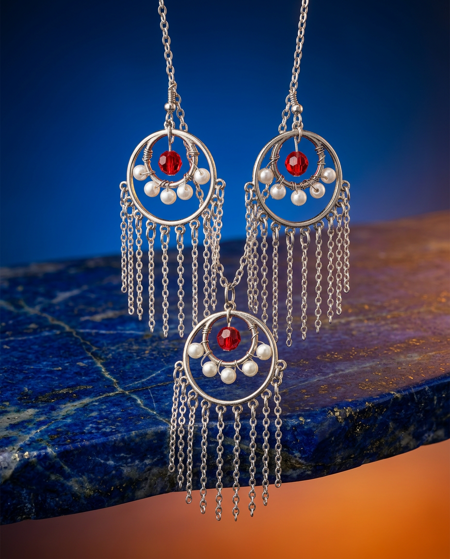 Red Crystal & Pearl Chandelier Jewelry Set