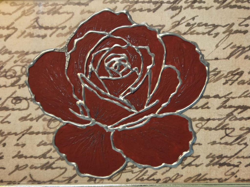 Red Rose Framed Painting – Acrylic on Glass with Vintage Script Background