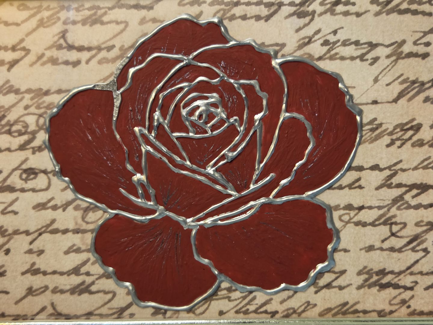 Red Rose Framed Painting – Acrylic on Glass with Vintage Script Background
