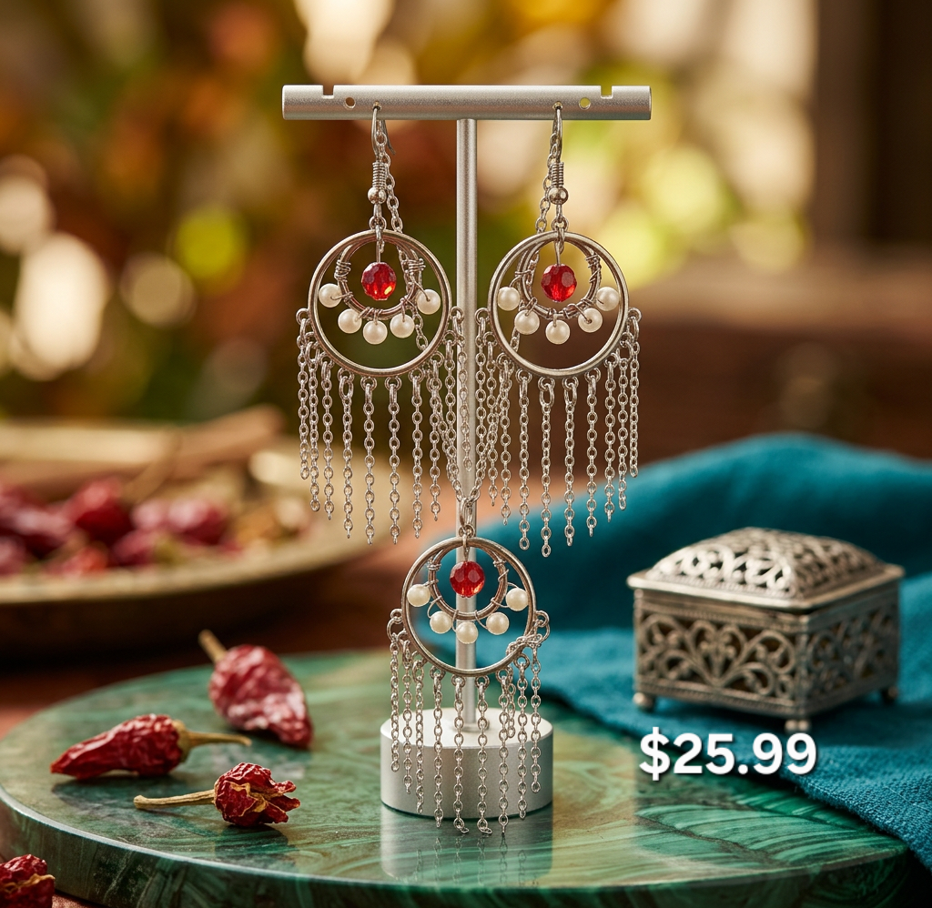 Red Crystal & Pearl Chandelier Jewelry Set