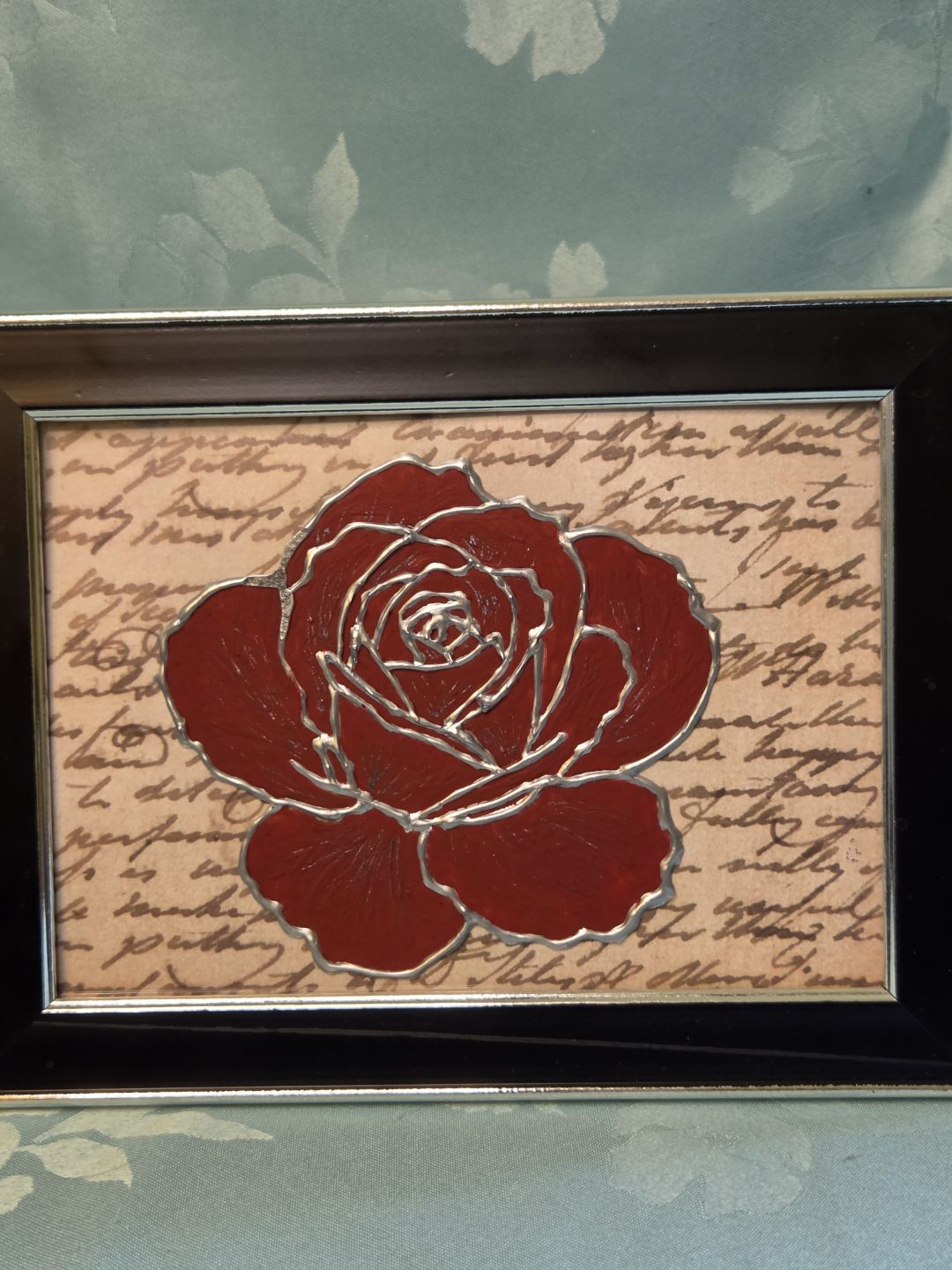 Red Rose Framed Painting – Acrylic on Glass with Vintage Script Background