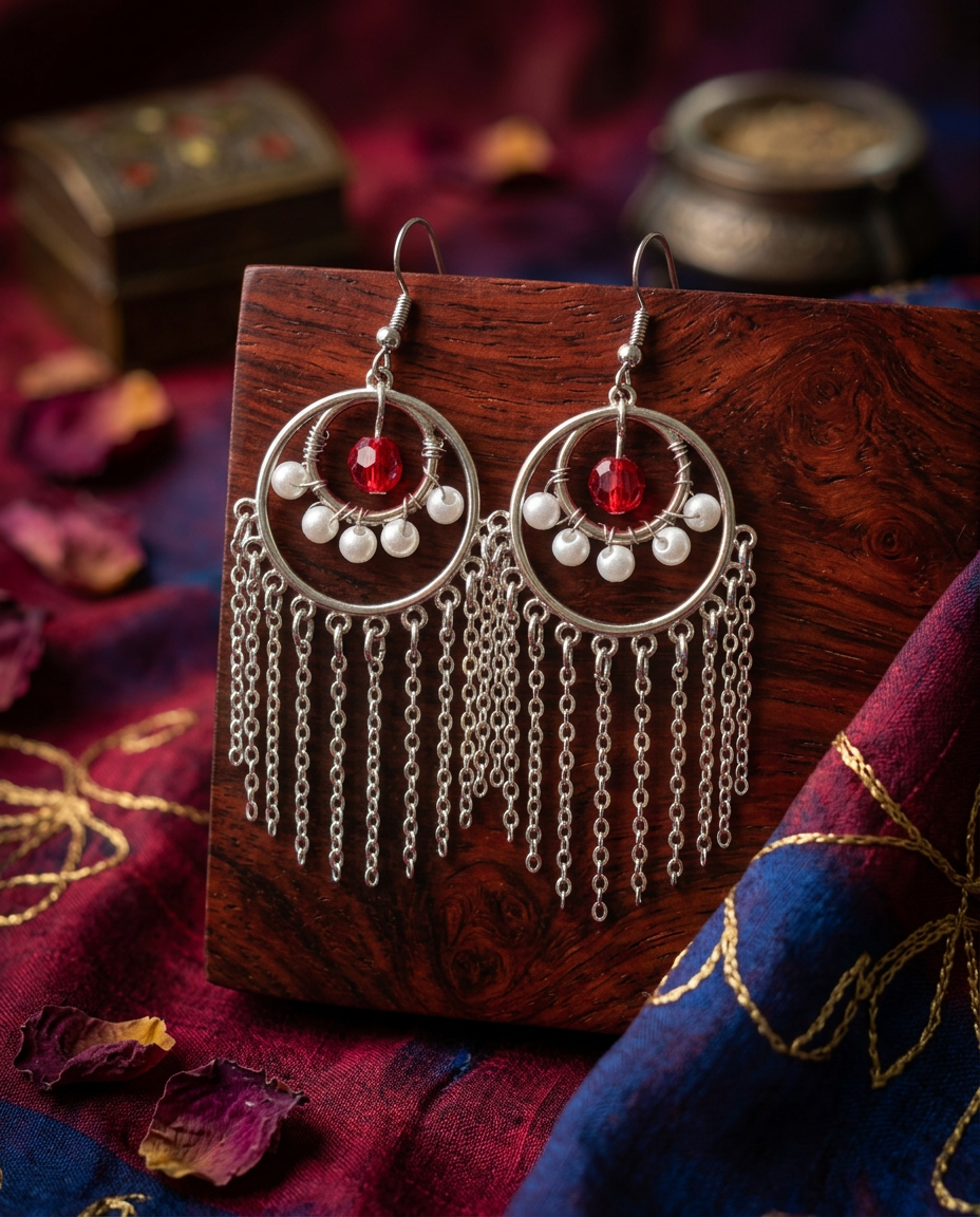 Red Crystal & Pearl Chandelier Jewelry Set