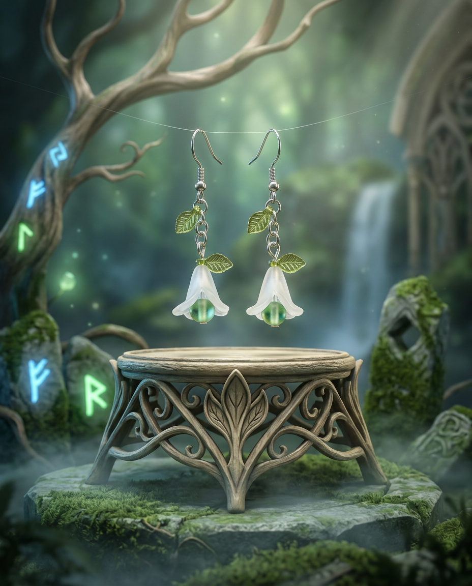 Enchanted Bellflower Earrings floating above wooden stand with glowing runes